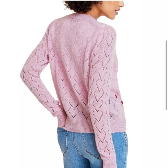 NWT Charter Club 100% Cashmere Pink Crochet Heart Pointelle Button Cardigan M - Picture 4 of 14